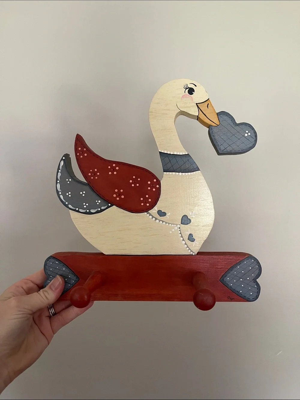Whimsical Swan Wall Hook in Cream, Red, and Gray